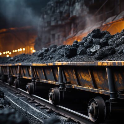 Coal moving along a conveyor belt.