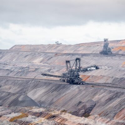 A wide angle shot of excavation machines in the Lookout Jackerath Garzweiler Skywalk in Germany